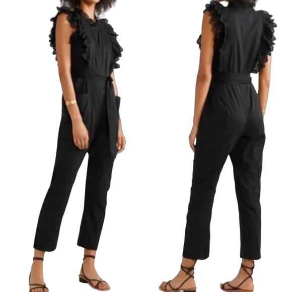 Apiece Apart Jumpsuit Limon Eyelet Ruffle Cotton Crop Sleeveless Black Womens 6 - Picture 3 of 11